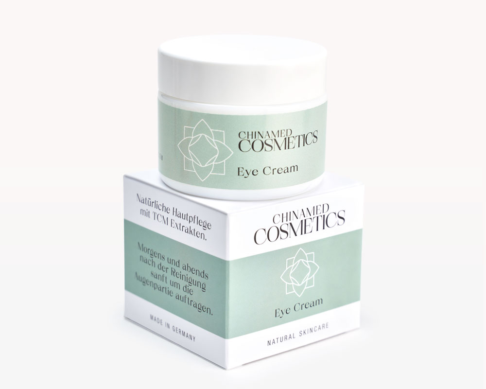 Tiegel und Verpackung von CHINAMED COSMETICS Eye Cream Natürliche Hautpflege mit TCM Extrakten Made in Germany